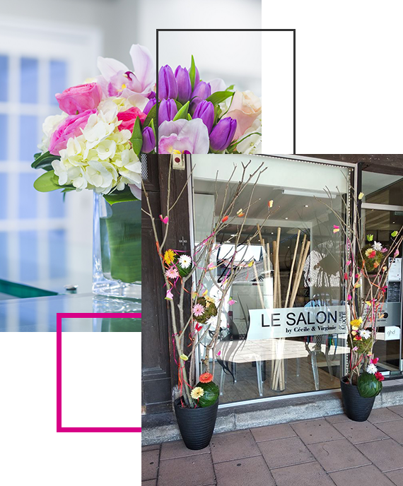 Deux photos : devanture du magasin d'une entreprise avec des fleurs à l'occasion d'un événement professionnel, et photo d'un bouquet de fleurs dans un vase.